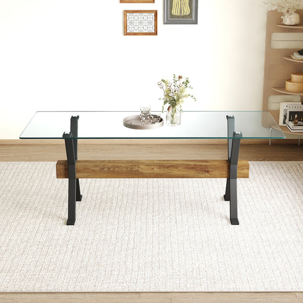 English Elm Elegant Transparent Tempered Glass Dining Table 79"x31.5" with X-Frame Black Metal Legs, Sleek MDF Beam, Seats 6-10 W1151S03586