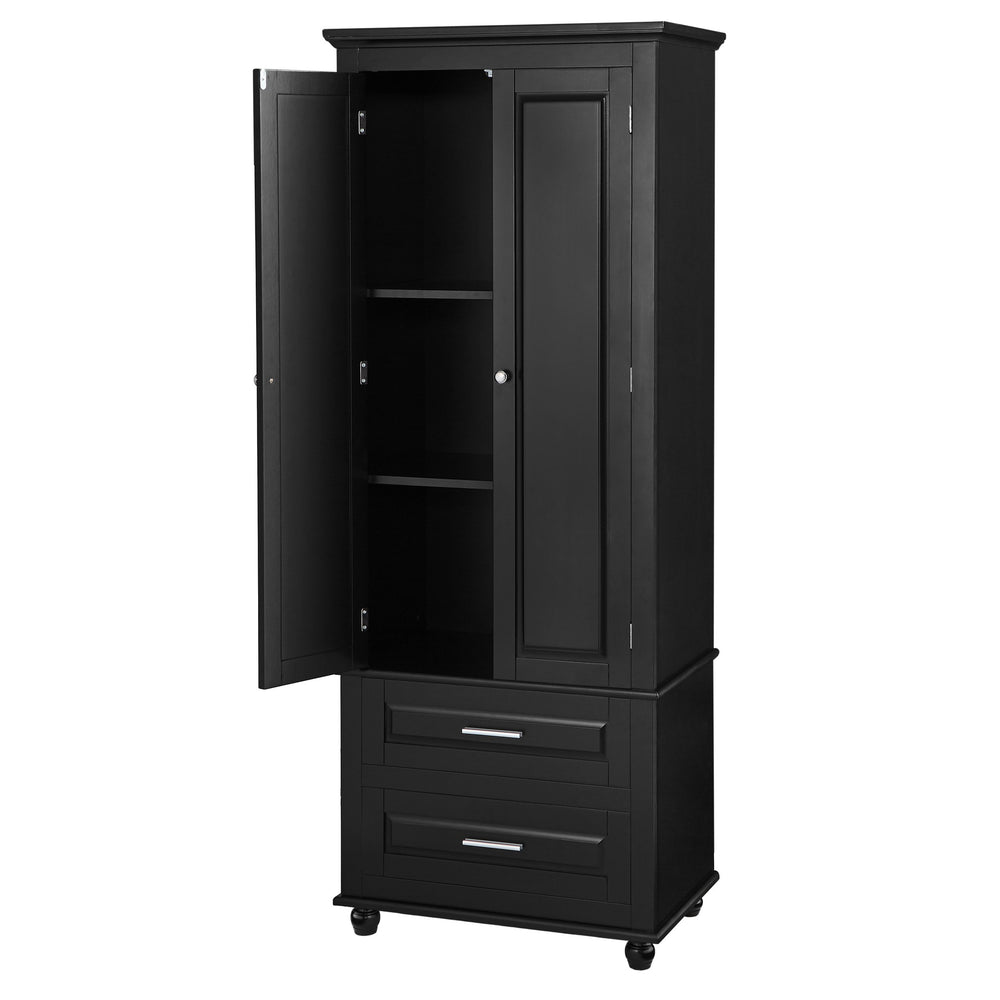 English Elm Tall Slim Storage Cabinet with Adjustable Shelves, 2 Drawers & Doors, Anti-Tip Design for Bathroom Black WF299284AAB