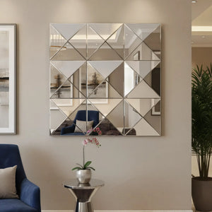 English Elm 3d Beveled Glass Geometric Square Wall Mirror Sculptural Triangular Art for Living Room W3836P410041