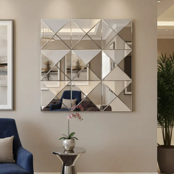English Elm 3d Beveled Glass Geometric Square Wall Mirror Sculptural Triangular Art for Living Room W3836P410041