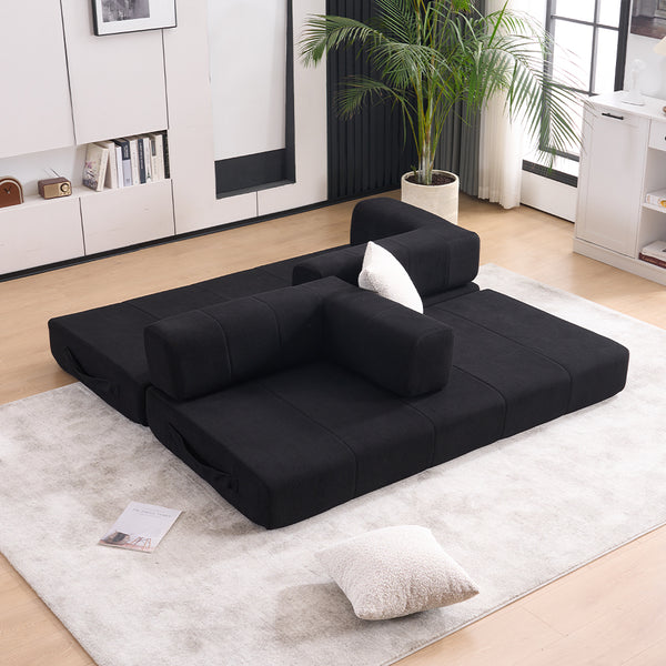 English Elm Folding Sofa Bed with Corduroy Cover, 78.5" Convertible Futon Couch, No-Assembly Foam Spring Mattress, Compact Sleeper for Living Room Black W2915P276677