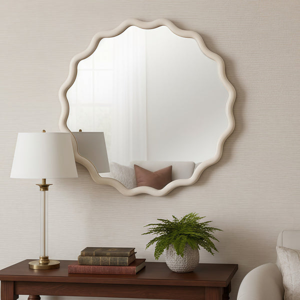 English Elm White 36 Inch Wavy Round Solid Wood Frame Mirror – Rustic Boho Decorative Wall Mirror for Home Vanity W2203P389085
