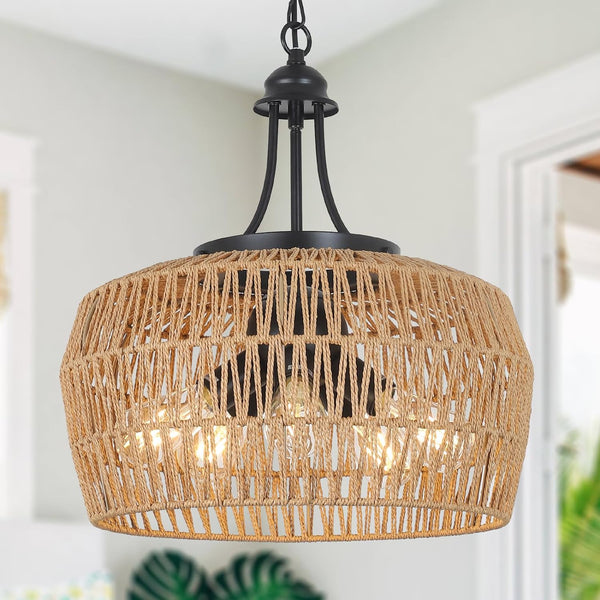 English Elm Large Farmhouse 5-Light Rattan Chandelier with Wicker Shades, 18" Boho Coastal Pendant for Dining Room W2738P185435