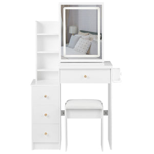 English Elm 29.2" Stylish Left Bedside Vanity Table Set With Led Mirror, Power Station & Cushioned Stool For Small Spaces W936P202468