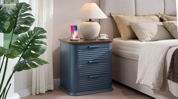 English Elm 22" Fluted Wood Nightstand with Built-in Charging Station Three Drawer Bedside Storage Navy Blue T5326P431149