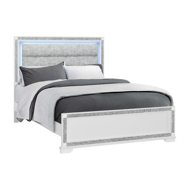 English Elm Soulmarie Upholstered Queen Bed with Led Lighting Padded Headboard Glam White Frame B201S00454