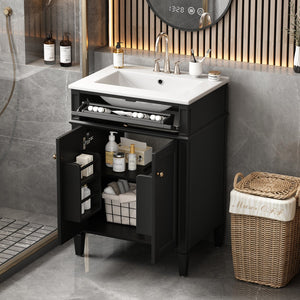English Elm 24" Bathroom Vanity with Ceramic Basin, French-Inspired Accent Carvings, Soft-Close Doors & Storage Black N710P293309B