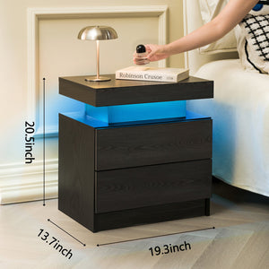 English Elm Nightstand with Multi-Color Adjustable LED Lights and Two Drawers for Bedroom or Living Room Use Black Woodgrain 22.83 L x 16.93 W x 7.68 H W2178P287898