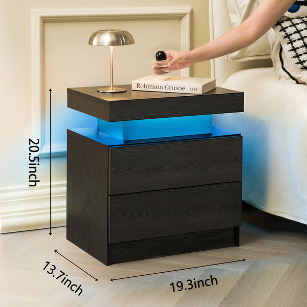 English Elm Nightstand with Multi-Color Adjustable LED Lights and Two Drawers for Bedroom or Living Room Use Black Woodgrain 22.83 L x 16.93 W x 7.68 H W2178P287898