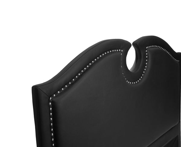 English Elm CAL-KING Faux Leather Bed in Black with Solid Wood Frame, Headboard 49" H, Modern Assembly Required B089S00130