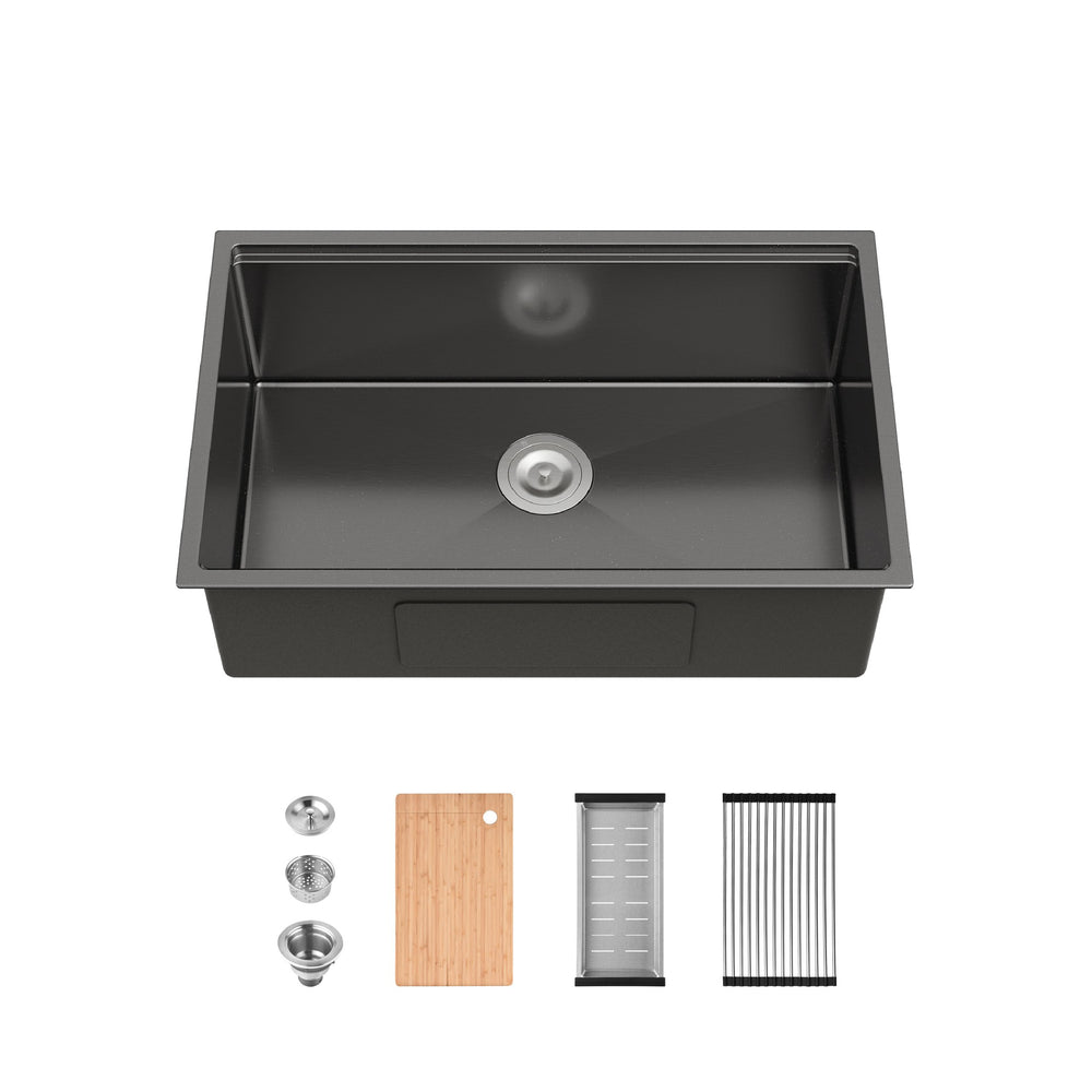 English Elm Stainless Steel Handmade Undermount Kitchen Sink Matte Black Deep Basin with Accessories T3177P296195