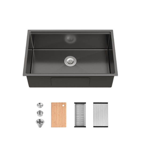 English Elm Stainless Steel Handmade Undermount Kitchen Sink Matte Black Deep Basin with Accessories T3177P296195