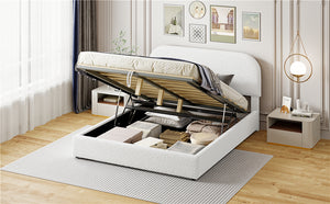 English Elm Teddy Plush Upholstered Platform Bed Queen with Hydraulic Storage, Teddy Fleece Comfort & Sturdy Frame White SF000166AAK