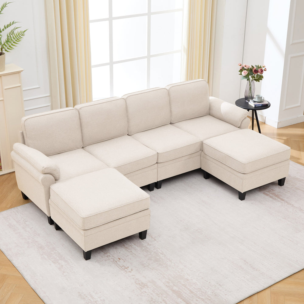 English Elm 102 Inch Linen Modular Sectional Sofa with Hidden Storage and Cloud Cushion Comfort Beige W1099S00210