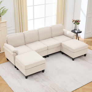 English Elm 102 Inch Linen Modular Sectional Sofa with Hidden Storage and Cloud Cushion Comfort Beige W1099S00210