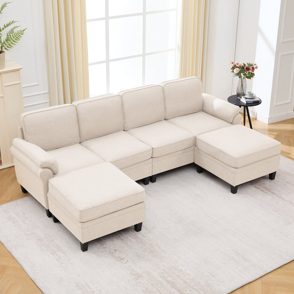 English Elm 102 Inch Linen Modular Sectional Sofa with Hidden Storage and Cloud Cushion Comfort Beige W1099S00210