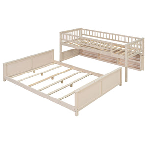 English Elm Twin Xl Over Queen Bunk Bed with Led Lighting Shelving and Pegboard Pinewood Frame Beige LT000280AAA