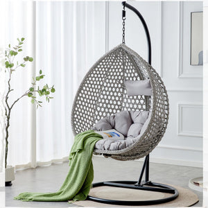 English Elm 76.8-inch Hand Woven Rattan Egg Swing Chair Indoor Outdoor with Cushion Lumbar Pillow Gray W1512P498595