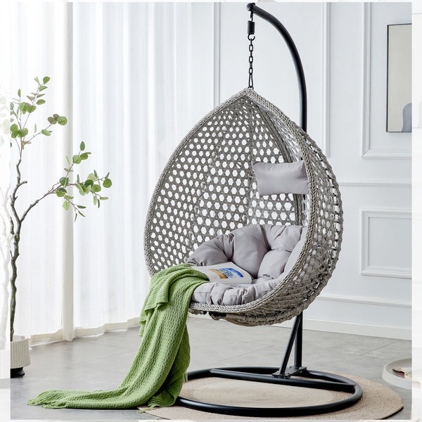 English Elm 76.8-inch Hand Woven Rattan Egg Swing Chair Indoor Outdoor with Cushion Lumbar Pillow Gray W1512P498595