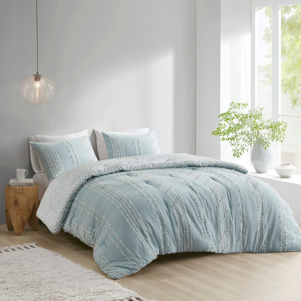 English Elm 3 INK+IVY Kara Cotton Jacquard Comforter Set Full/Queen — Eco OEKO-TEX Stripe & Diamond Reversible Design Aqua 22.44 L x 21.65 W x 13.39 H B03596412
