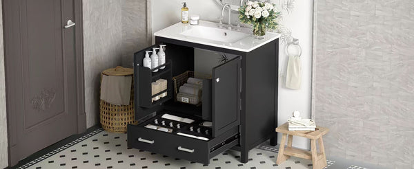 English Elm 30" Black Bathroom Vanity with Undermount Sink, Solid Wood Frame, Soft-Close Doors & Drawer Organizer WF324043AAB