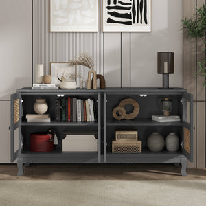English Elm Retro 4-Door Sideboard with Spacious Adjustable Shelves, Solid Wood Legs, Spray-Painted MDF Finish Antique Dark Grey,Rattan W2696P256247