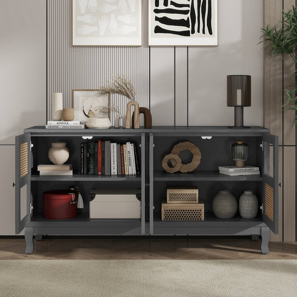 English Elm Retro 4-Door Sideboard with Spacious Adjustable Shelves, Solid Wood Legs, Spray-Painted MDF Finish Antique Dark Grey,Rattan W2696P256247