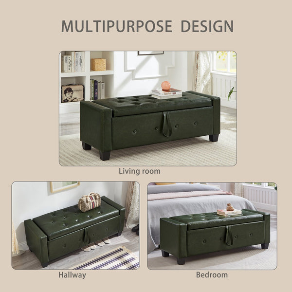 English Elm 48" Storage Ottoman Bench with Tufted Faux Leather Upholstery, Solid Wood Frame & 300lb Capacity Dark Green W1097P338777