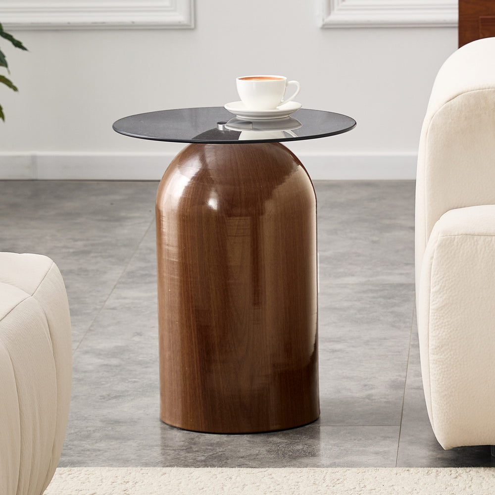 English Elm Small Round Tempered Glass Top Mid Century Modern Accent Table for Living Room or Office W2920P438805
