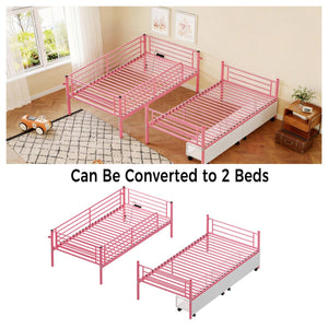 English Elm Bunk Bed Twin Iron Frame with Usb Charging Built in Guardrail and Convertible Design W3752P430826