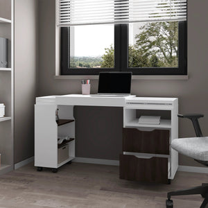 English Elm White White and Stained Walnut 2-Drawer Extendable Desk with Smooth Slides, 4 Shelves, Modern Storage B062P290245