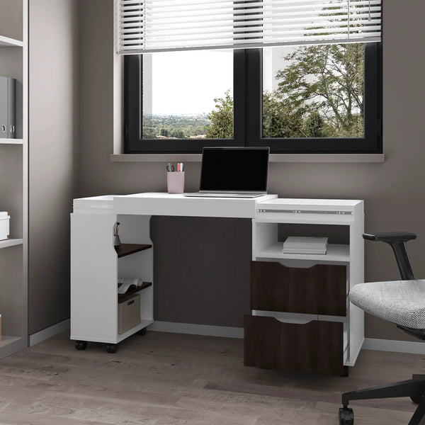 English Elm White White and Stained Walnut 2-Drawer Extendable Desk with Smooth Slides, 4 Shelves, Modern Storage B062P290245