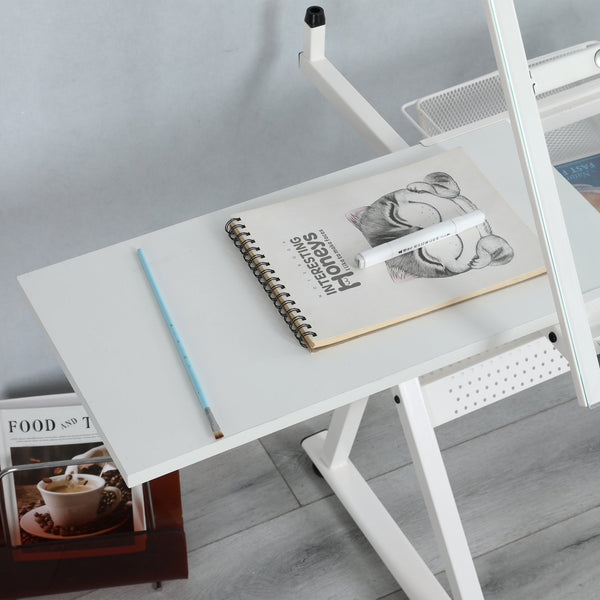 English Elm White Tempered Glass Drafting Table with Chair Steel Frame Tilting Artist Desk W347119824