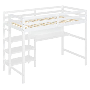 English Elm Twin Loft Bed with Built-in Desk Shelving and Dry-erase Board for Kids Rooms White LT100320AAK