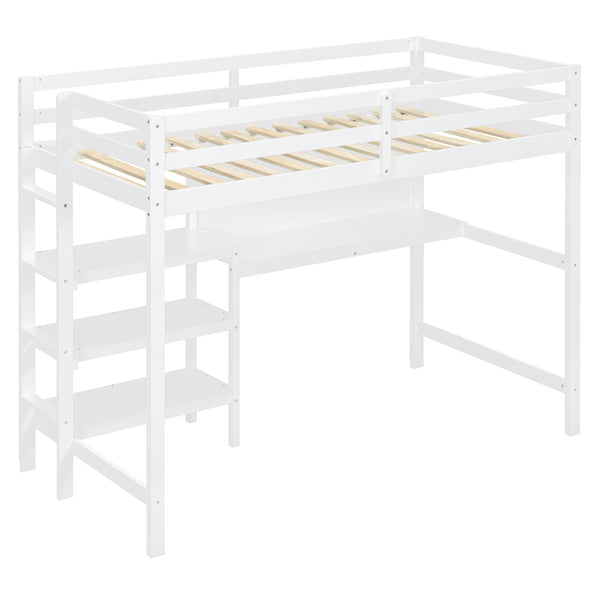 English Elm Twin Loft Bed with Built-in Desk Shelving and Dry-erase Board for Kids Rooms White LT100320AAK
