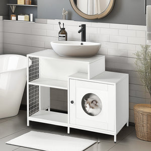 English Elm Cat Litter Box Enclosure Under-Sink Cabinet for Bathroom with Divider, Ventilation & Storage White W1687P251061