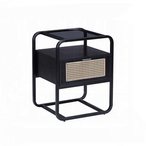 English Elm Metal Frame Accent Table with Tempered Glass Top, Black Finish, Sturdy Metal Nightstand w/ Drawer and Open Shelf for Storage — Modern Glossy Design B016P257184