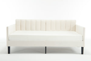 English Elm Elena Twin Size Beige Velvet Daybed with Ribbed Tufted Backrest, Foam Comfort, 400lb Capacity B083P152010