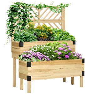 English Elm Outsunny Stylish 2-Tier Raised Garden Bed With Trellis - Elevated Wooden Planter For Vegetables & Herbs W2225P217247-GIGA