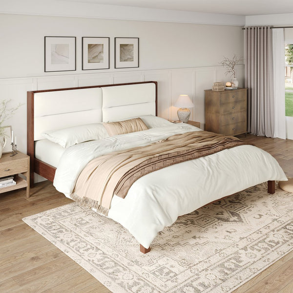 English Elm Solid Wood Queen Platform Bed Velvet Tufted Headboard Architectural Slat Design Espresso N7090000743P