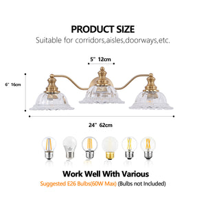English Elm 24 Vintage 3-Light Bathroom Wall Sconce with Iron and Glass Shades - Elegant Vanity Fixture for Mirror Gold W1340P284603