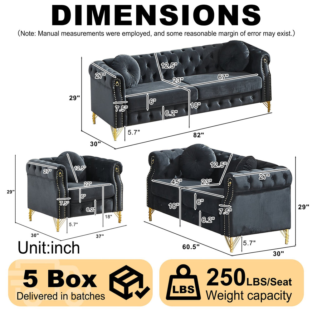 English Elm Velvet Chesterfield Tufted Sofa with Copper Stud Trim and Gold Legs for Glam Living Black W834S00631