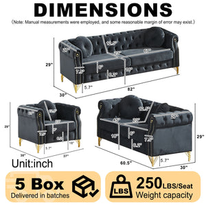 English Elm Velvet Chesterfield Tufted Sofa with Copper Stud Trim and Gold Legs for Glam Living Black W834S00631
