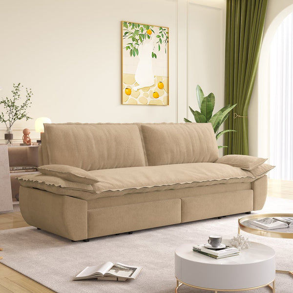 English Elm 73.2" Queen Sleeper Sofa Convertible Corduroy Loveseat for Guest Room or Living Space Camel W1885S00335