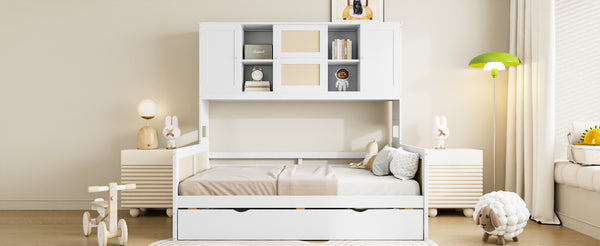 English Elm Full Wooden Daybed With Twin Trundle & Versatile Cabinet Shelf - Space-Saving Comfort In White N820S00049K