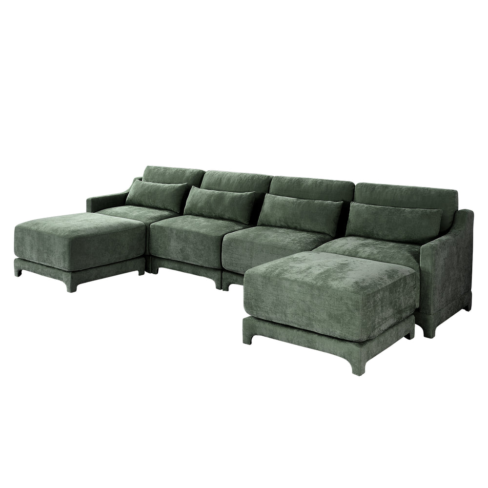 English Elm Four-Seater Sofa Set With Movable Ottoman, Ergonomic Lumbar Pillow, Premium Chenille Upholstery, Green W714S01222
