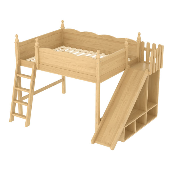 English Elm Full Loft Bed With Fun Slide, Storage Shelves, Solid Wood Design For Kids' Cozy Room Setup W1580S00247