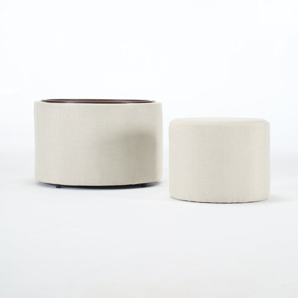 English Elm Ball Cast Round Nesting Ottoman Set Linen Upholstered Hidden Storage with Wooden Tray Beige W3163P379373