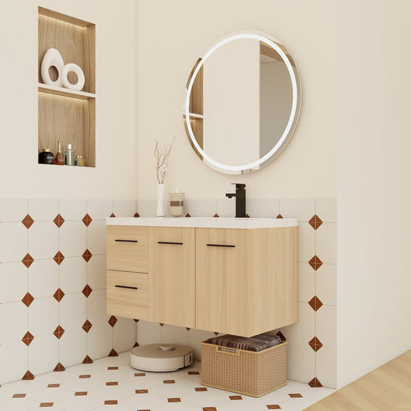 English Elm 36" Floating Bathroom Vanity Light Oak Gel Coat Sink Modular Storage Cabinet W3450S00084