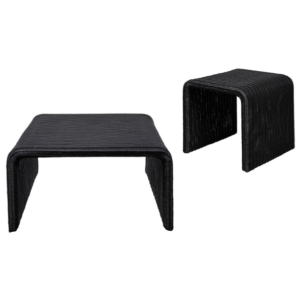 English Elm Gage Woven Rattan and Iron 2 Piece Living Room Table Set with Retro Modern Appeal B062S01438